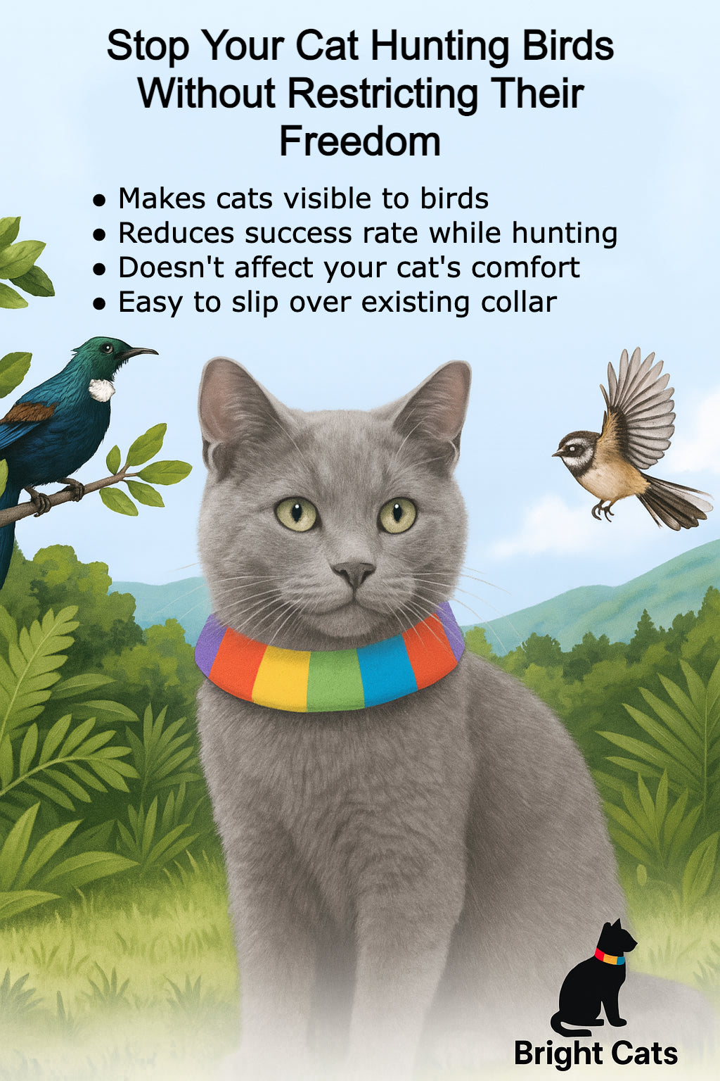 Grey cat wearing bright collar, birds and trees in background